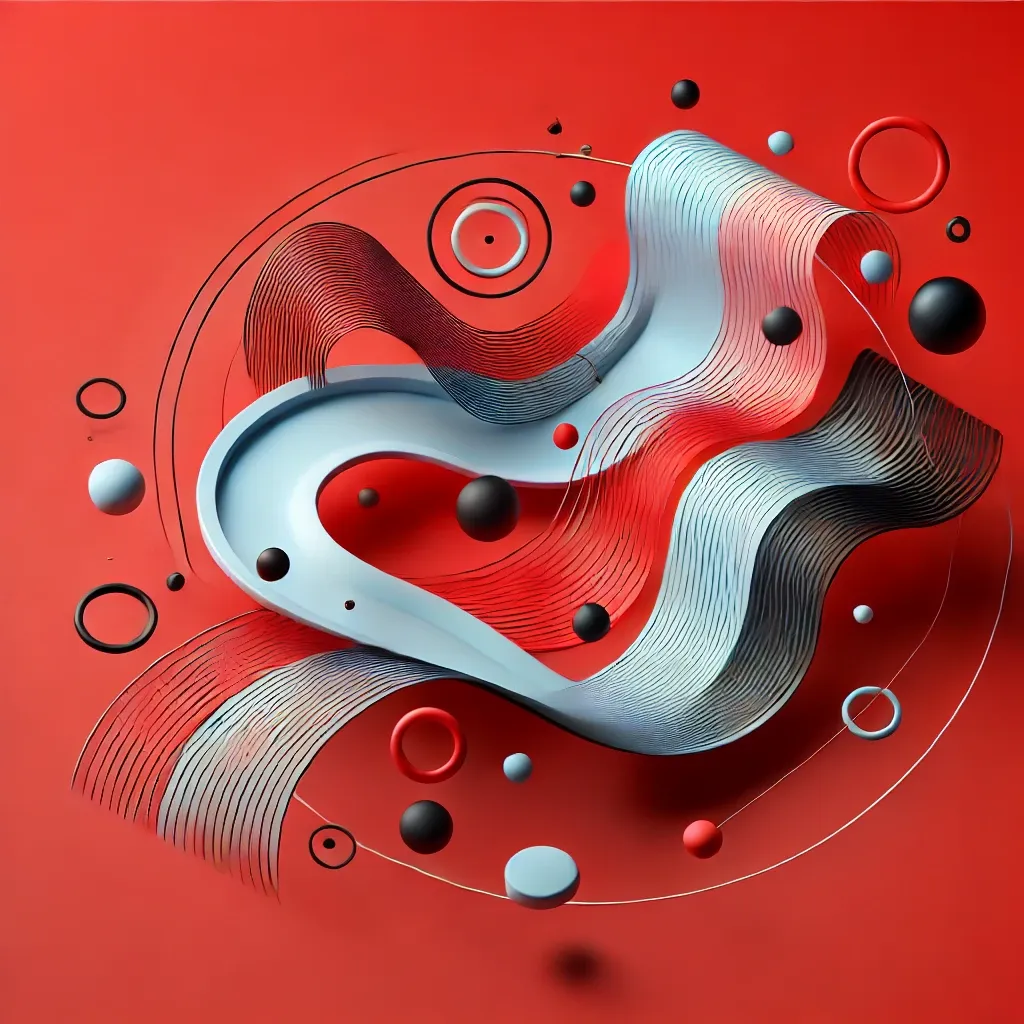 Image created with DALL-E. A minimalist abstract image with a red background and flowing geometric shapes in light blue and black, representing user engagement. Focus on smooth.